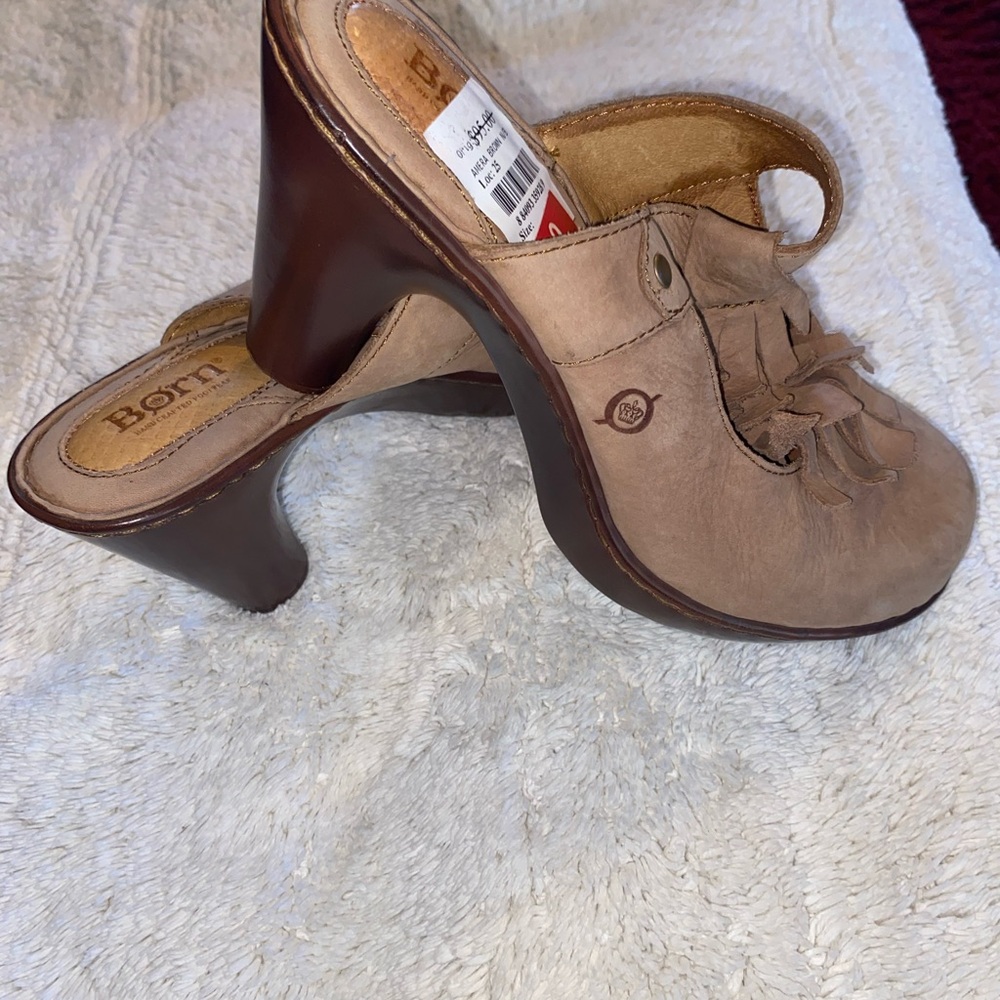Born Taupe Leather Fringed Slip-On Mules